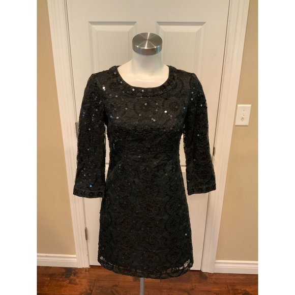 Tory Burch Black Lace Sequin 3/4 Sleeve Fit & Flare Mini Dress, Size 2 - Picture 1 of 8